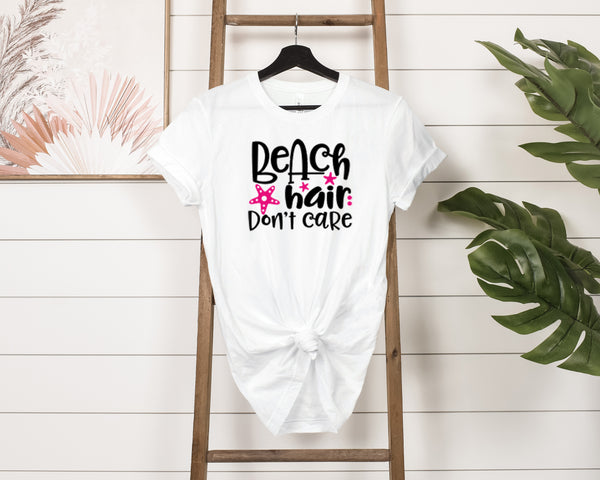 Beach Hair Don't Care Short-Sleeve Tee - Funny & Sassy T-Shirt for Beach Lovers - Soft & Comfortable - Made in the USA