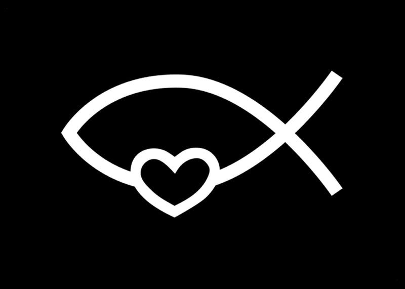 Christian Fish With Heart Vinyl Decal | White | MADE IN USA by Foxtail Decals | For Car Windows, Tablets, Laptops, Water Bottles, etc. | 4.75 x 2.5 inch