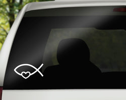 Christian Fish With Heart Vinyl Decal | White | MADE IN USA by Foxtail Decals | For Car Windows, Tablets, Laptops, Water Bottles, etc. | 4.75 x 2.5 inch