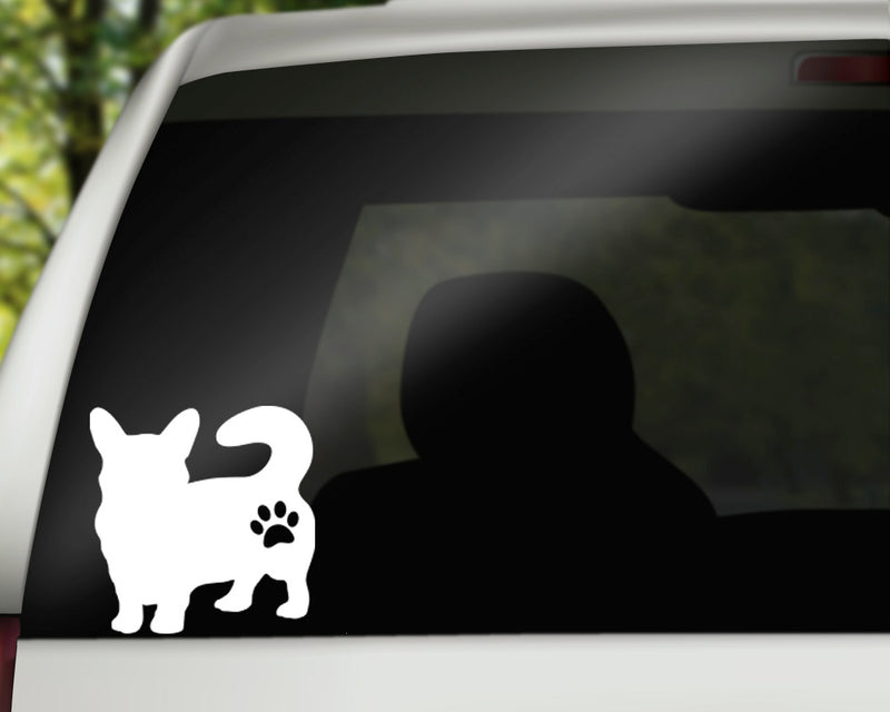 Corgi With Paw Vinyl Decal | White | MADE IN USA by Foxtail Decals | For Car Windows, Tablets, Laptops, Water Bottles, etc. | 4.5 x 4.5 inch