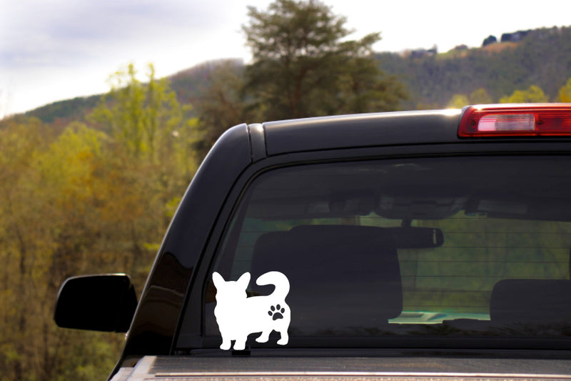 Corgi With Paw Vinyl Decal | White | MADE IN USA by Foxtail Decals | For Car Windows, Tablets, Laptops, Water Bottles, etc. | 4.5 x 4.5 inch