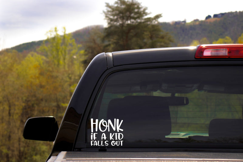 Honk If A Kid Falls Out Vinyl Decal | White | MADE IN USA by Foxtail Decals | For Car Windows, Tablets, Laptops, Water Bottles, etc. | 4.75 x 4.0 inch