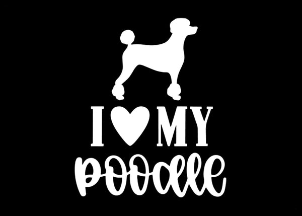 I Love My Poodle Vinyl Decal | White | MADE IN USA by Foxtail Decals | For Car Windows, Tablets, Laptops, Water Bottles, etc. |3.75 x 4.5 inch