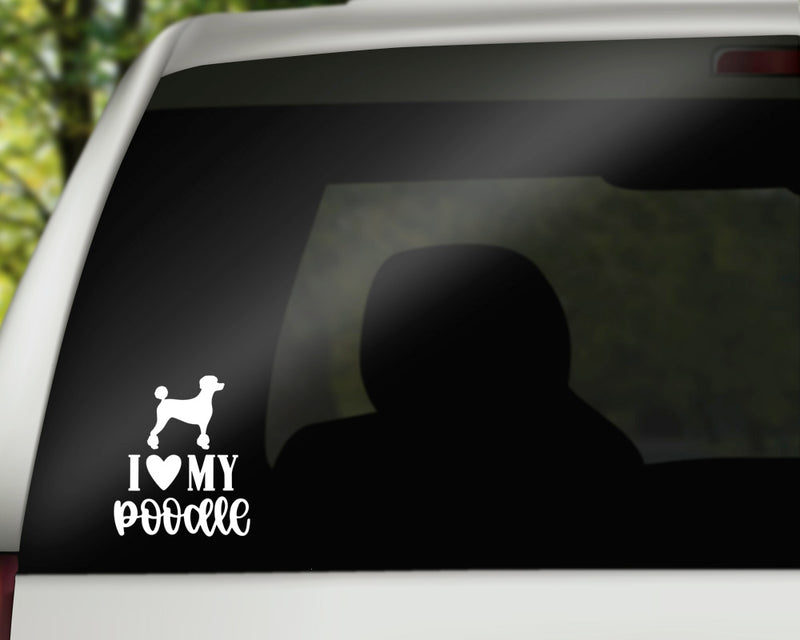 I Love My Poodle Vinyl Decal | White | MADE IN USA by Foxtail Decals | For Car Windows, Tablets, Laptops, Water Bottles, etc. |3.75 x 4.5 inch