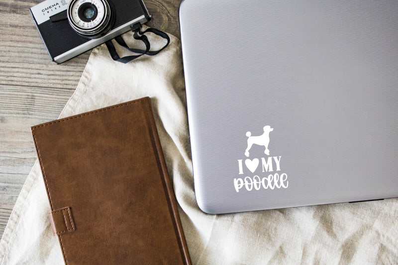 I Love My Poodle Vinyl Decal | White | MADE IN USA by Foxtail Decals | For Car Windows, Tablets, Laptops, Water Bottles, etc. |3.75 x 4.5 inch