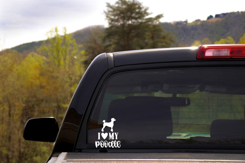 I Love My Poodle Vinyl Decal | White | MADE IN USA by Foxtail Decals | For Car Windows, Tablets, Laptops, Water Bottles, etc. |3.75 x 4.5 inch