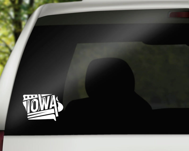 Iowa Stars & Stripes Vinyl Decal | White | MADE IN USA by Foxtail Decals | For Car Windows, Tablets, Laptops, Water Bottles, etc. | 4.5 x 3.0 inch