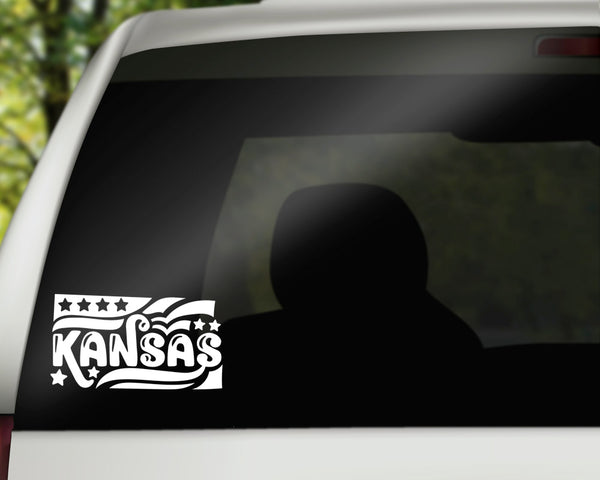 Kansas Stars & Stripes Vinyl Decal | White | MADE IN USA by Foxtail Decals | For Car Windows, Tablets, Laptops, Water Bottles, etc. | 4.5 x 2.5 inch