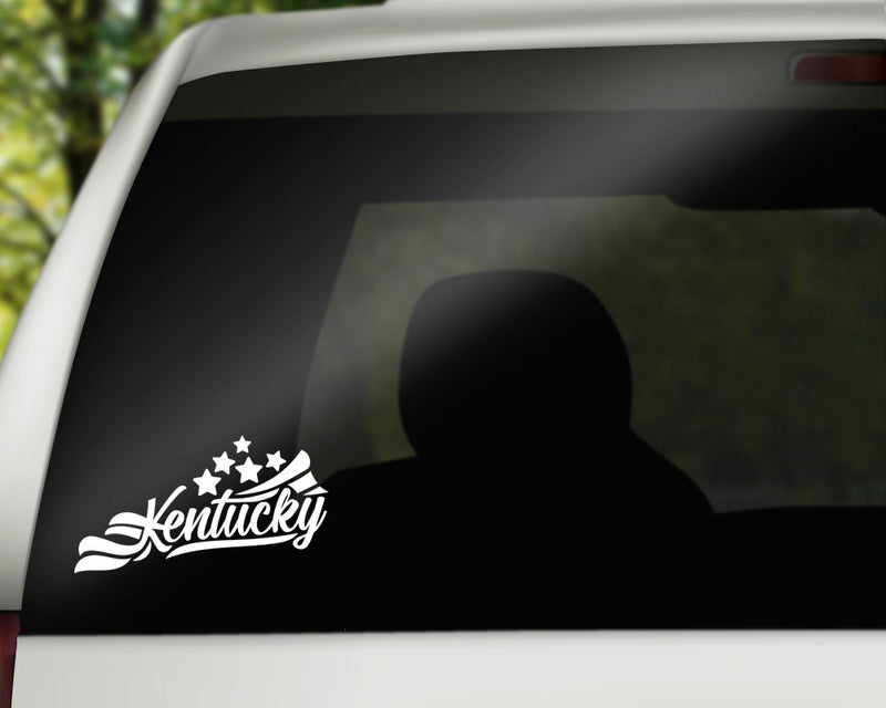 Kentuky Stars & Stripes Vinyl Decal | White | MADE IN USA by Foxtail Decals | For Car Windows, Tablets, Laptops, Water Bottles, etc. | 4.5 x 2.4 inch