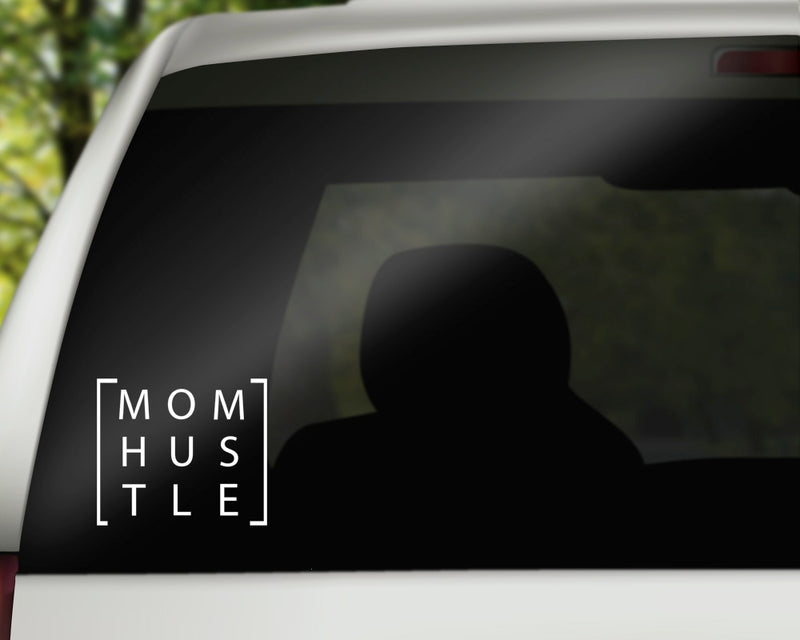 Mom Hustle Decal | White | MADE IN USA by Foxtail Decals | For Car Windows, Tablets, Laptops, Water Bottles, etc. | 4.5 x 3.8 inch