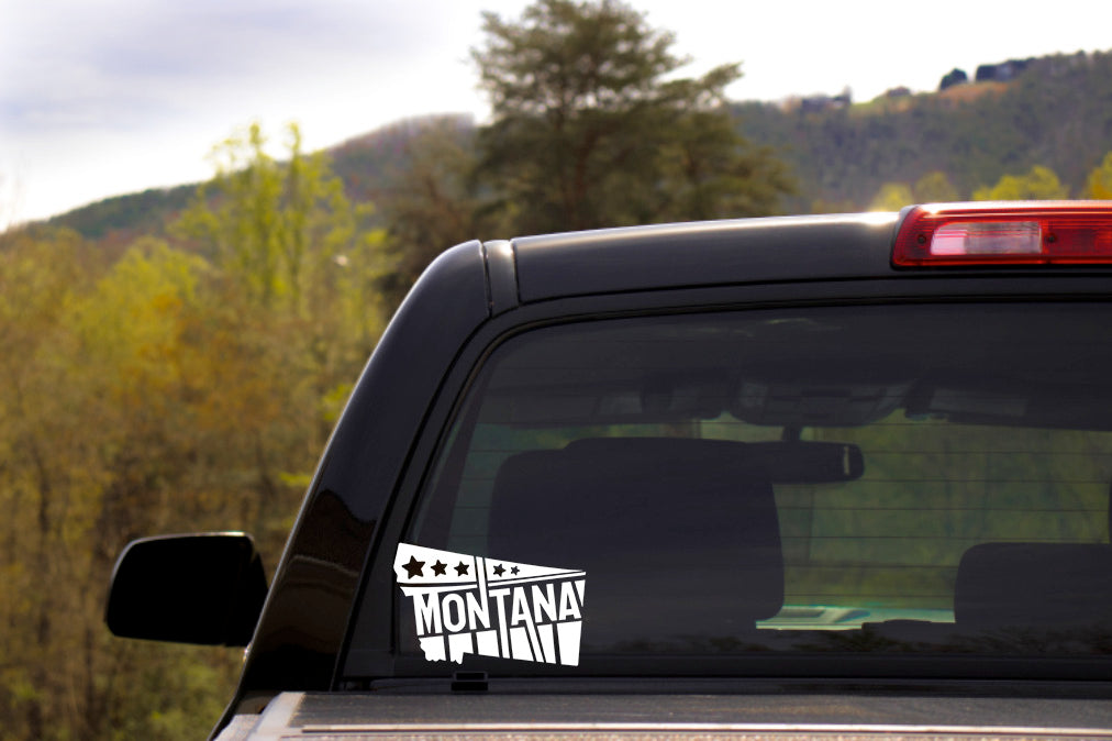 Montana Stars & Stripes Vinyl Decal | White | MADE IN USA by Foxtail Decals | For Car Windows, Tablets, Laptops, Water Bottles, etc. | 4.5 x 2.9 inch