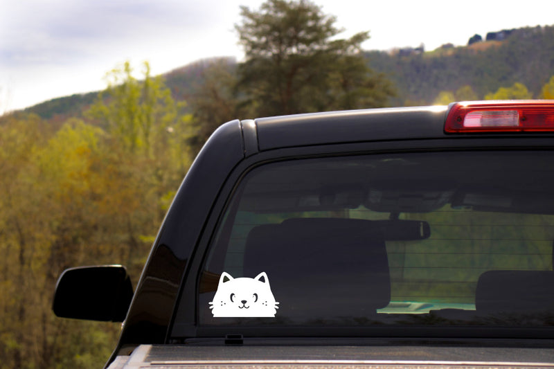 Peeking Cat Vinyl Decal | White | MADE IN USA by Foxtail Decals | For Car Windows, Tablets, Laptops, Water Bottles, etc. | 4.75 x 3.0 inch