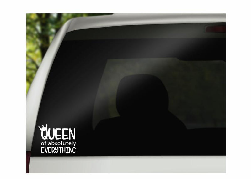 Queen of Absolutely Everything Vinyl Decal | White | Made in USA by Foxtail Decals | for Car Windows, Tablets, Laptops, Water Bottles, etc. | 4.75 x 3.7 inch