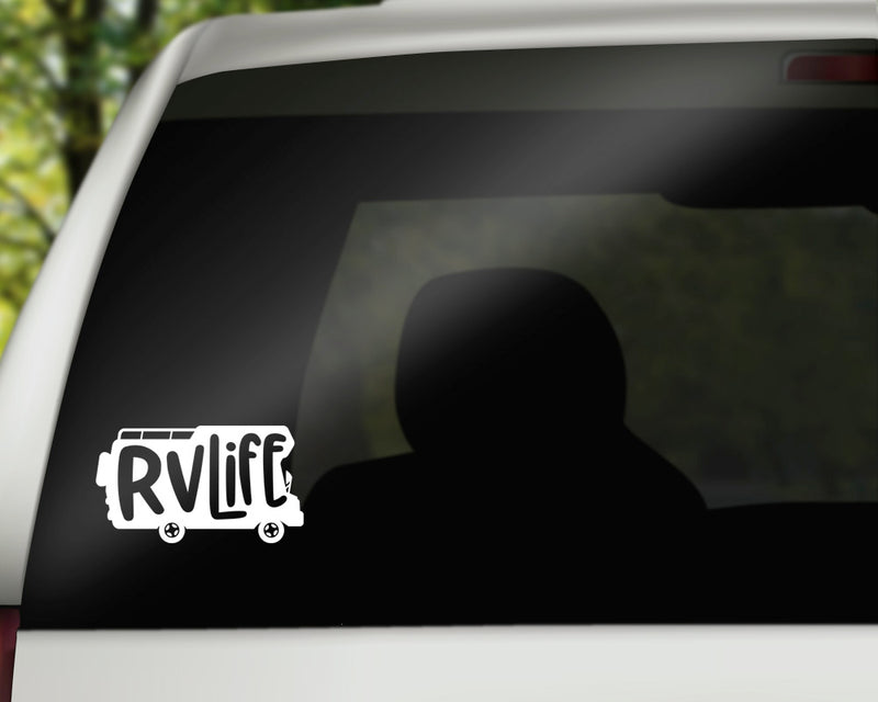 RV Life Vinyl Decal | White | MADE IN USA by Foxtail Decals | For Car Windows, Tablets, Laptops, Water Bottles, etc. | 5.0 x 2.8 inch