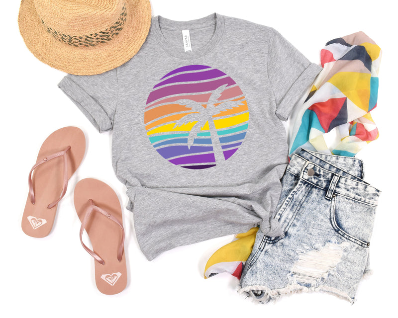 Rainbow Beach Sunset Short Sleeve Tee: A Stylish and Romantic T-Shirt for People Who Love Beaches and Sunsets, Made in the USA and Available in a Variety of Sizes and Colors