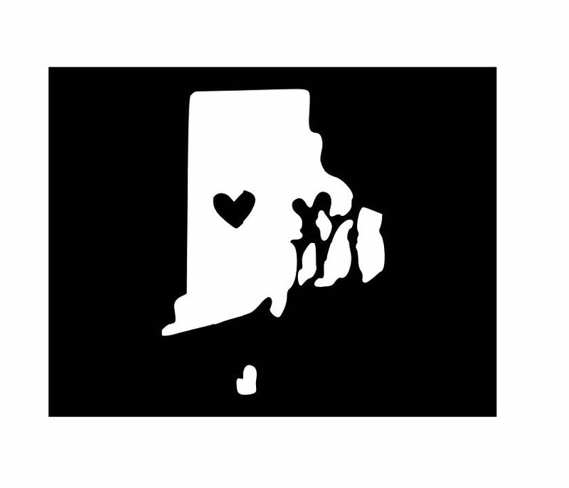 Rhode Island with Heart Vinyl Decal | White | Made in USA by Foxtail Decals | for Car Windows, Tablets, Laptops, Water Bottles, etc. | 3.3 x 4.5 inch