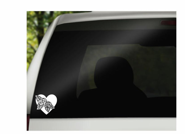 Rose Heart Vinyl Decal | White | Made in USA by Foxtail Decals | for Car Windows, Tablets, Laptops, Water Bottles, etc. | 4.75 x 4.5 inch