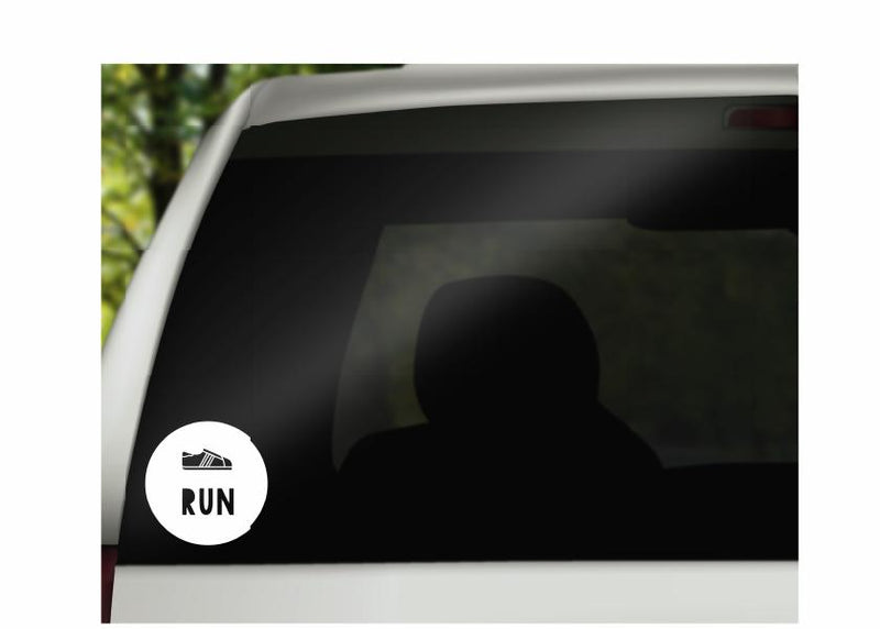 Run Logo Vinyl Decal | White | Made in USA by Foxtail Decals | for Car Windows, Tablets, Laptops, Water Bottles, etc. | 4.5 x 4.5 inch