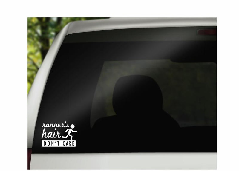 Runner’s Hair Don’t Care Vinyl Decal | White | Made in USA by Foxtail Decals | for Car Windows, Tablets, Laptops, Water Bottles, etc. | 4.5 x 3.2 inch