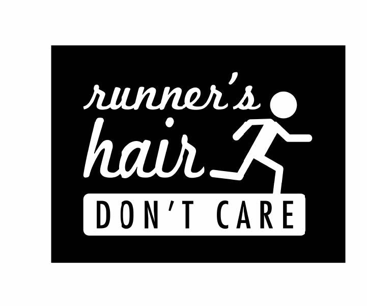 Runner’s Hair Don’t Care Vinyl Decal | White | Made in USA by Foxtail Decals | for Car Windows, Tablets, Laptops, Water Bottles, etc. | 4.5 x 3.2 inch