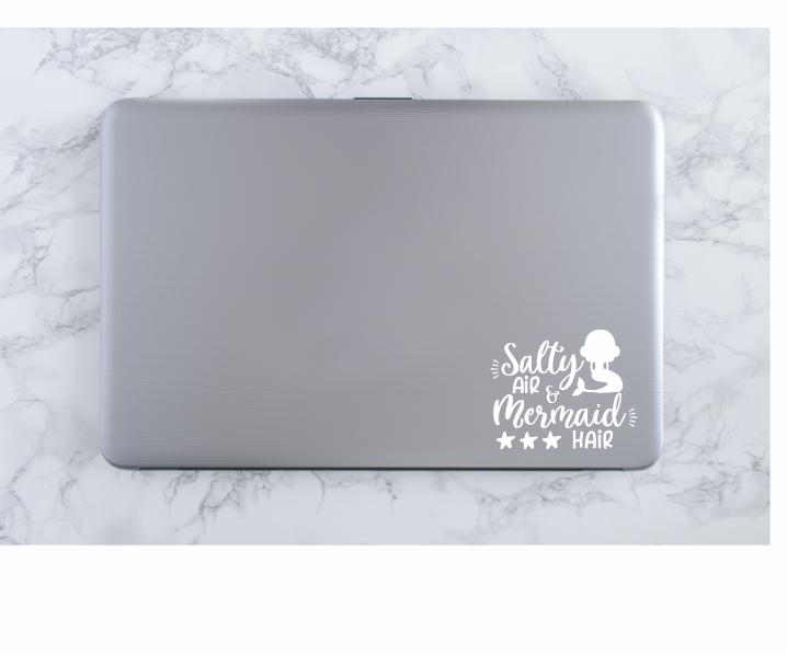 Salty Air & Mermaid Hair Vinyl Decal | White | Made in USA by Foxtail Decals | for Car Windows, Tablets, Laptops, Water Bottles, etc. | 4.75 x 3.9 inch