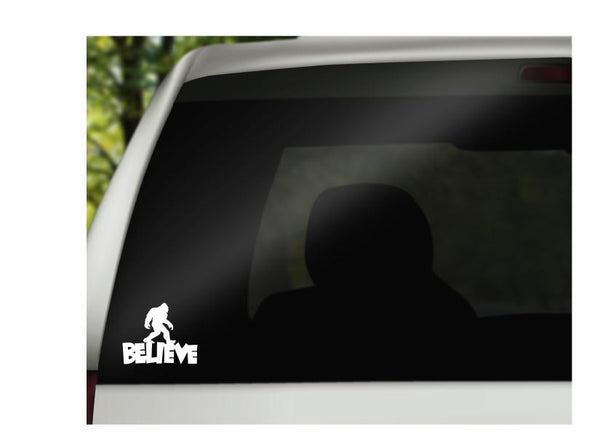 Sasquatch Believe Vinyl Decal | White | Made in USA by Foxtail Decals | for Car Windows, Tablets, Laptops, Water Bottles, etc. | 4.5 x 3.7 inch