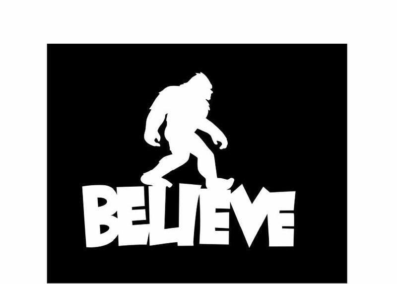 Sasquatch Believe Vinyl Decal | White | Made in USA by Foxtail Decals | for Car Windows, Tablets, Laptops, Water Bottles, etc. | 4.5 x 3.7 inch