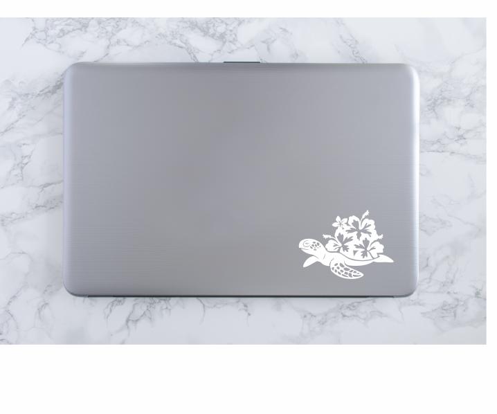 Sea Turtle Hibiscus Vinyl Decal | White | Made in USA by Foxtail Decals | for Car Windows, Tablets, Laptops, Water Bottles, etc. | 4.5 x 3.3 inch