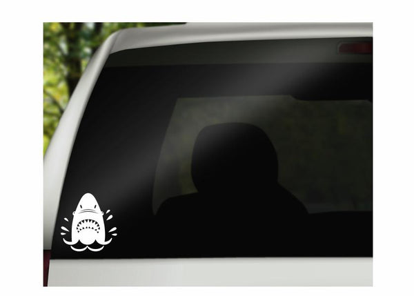 Shark Attack Vinyl Decal | White | Made in USA by Foxtail Decals | for Car Windows, Tablets, Laptops, Water Bottles, etc. | 4.3 x 4.5 inch