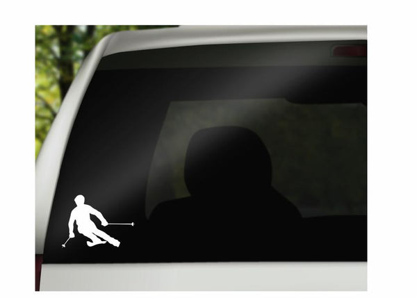 Skier Vinyl Decal |White | Made in USA by Foxtail Decals | for Car Windows, Tablets, Laptops, Water Bottles, etc. |4.5 x 3.25 inch