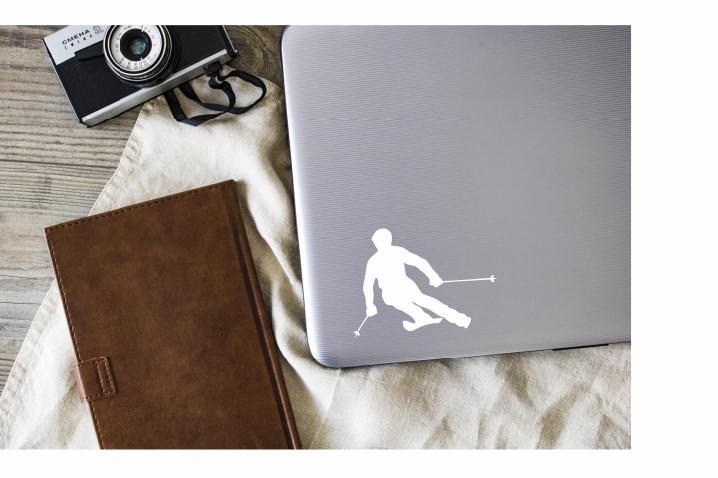 Skier Vinyl Decal |White | Made in USA by Foxtail Decals | for Car Windows, Tablets, Laptops, Water Bottles, etc. |4.5 x 3.25 inch