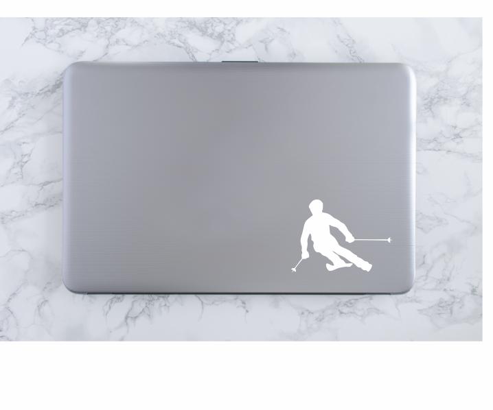 Skier Vinyl Decal |White | Made in USA by Foxtail Decals | for Car Windows, Tablets, Laptops, Water Bottles, etc. |4.5 x 3.25 inch