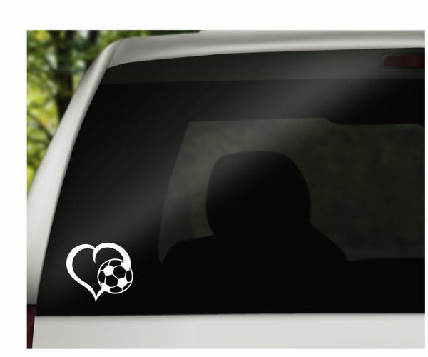 Soccer Ball Heart Vinyl Decal | White | Made in USA by Foxtail Decals | for Car Windows, Tablets, Laptops, Water Bottles, etc. |4.5 x 4.0 inch