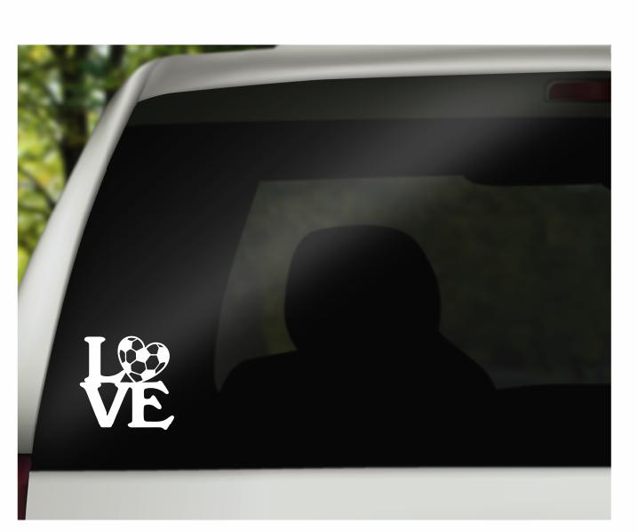 Soccer Love Vinyl Decal | White | Made in USA by Foxtail Decals | for Car Windows, Tablets, Laptops, Water Bottles, etc. | 4.5 x 4.5 inch