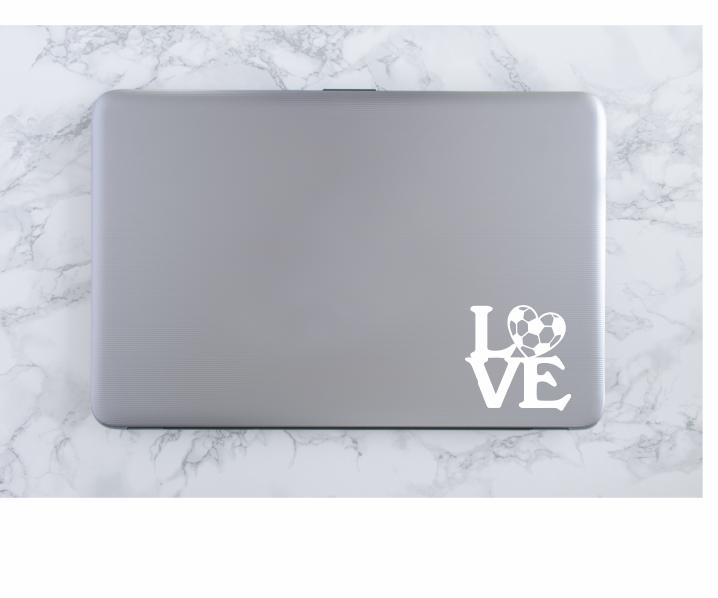 Soccer Love Vinyl Decal | White | Made in USA by Foxtail Decals | for Car Windows, Tablets, Laptops, Water Bottles, etc. | 4.5 x 4.5 inch