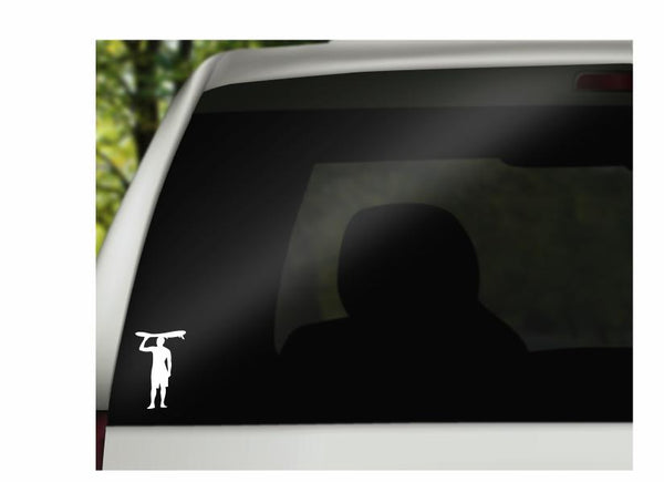 Surfer Carrying Board Vinyl Decal | White | Made in USA by Foxtail Decals | for Car Windows, Tablets, Laptops, Water Bottles, etc. | 2.9 x 4.5inch