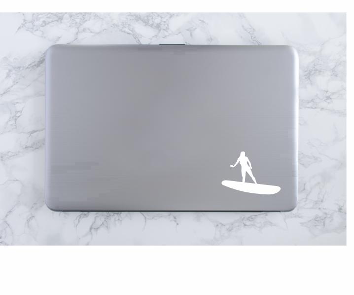 Surfer Girl Vinyl Decal | White | Made in USA by Foxtail Decals | for Car Windows, Tablets, Laptops, Water Bottles, etc. | 4.5 x 3.3 inch