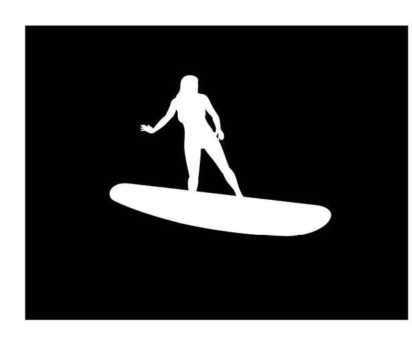 Surfer Girl Vinyl Decal | White | Made in USA by Foxtail Decals | for Car Windows, Tablets, Laptops, Water Bottles, etc. | 4.5 x 3.3 inch