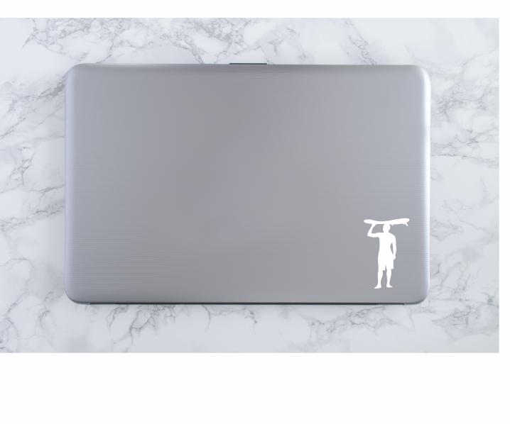 Surfer Carrying Board Vinyl Decal | White | Made in USA by Foxtail Decals | for Car Windows, Tablets, Laptops, Water Bottles, etc. | 2.9 x 4.5inch