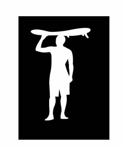 Surfer Carrying Board Vinyl Decal | White | Made in USA by Foxtail Decals | for Car Windows, Tablets, Laptops, Water Bottles, etc. | 2.9 x 4.5inch