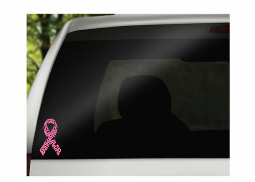 Pink breast cancer survivor ribbon vinyl decal shown in a close-up car window placement