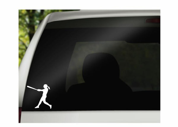 Swinging Softball Player Vinyl Decal | White | Made in USA by Foxtail Decals | for Car Windows, Tablets, Laptops, Water Bottles, etc. | 4.5 x 4.5 inch