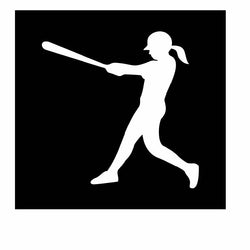 Swinging Softball Player Vinyl Decal | White | Made in USA by Foxtail Decals | for Car Windows, Tablets, Laptops, Water Bottles, etc. | 4.5 x 4.5 inch