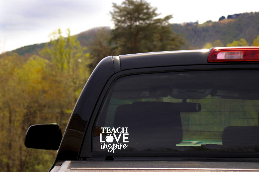 Teach Love Inspire Apple Decal | White | MADE IN USA by Foxtail Decals | For Car Windows, Tablets, Laptops, Water Bottles, etc. | 4.6 x 4.1 inch