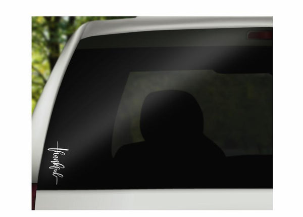 Thankful Cross Vinyl Decal | White | Made in USA by Foxtail Decals | for Car Windows, Tablets, Laptops, Water Bottles, etc. | 2.2 x 4.5 inch