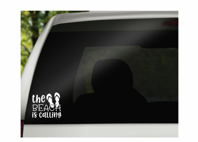 The Beach is Calling Vinyl Decal | White | Made in USA by Foxtail Decals | for Car Windows, Tablets, Laptops, Water Bottles, etc. | 4.5 x 3.8 inch