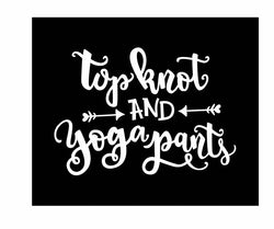 Top Knot and Yoga Pants Vinyl Decal | White | Made in USA by Foxtail Decals | for Car Windows, Tablets, Laptops, Water Bottles, etc. | 4.75 x 3.3 inch