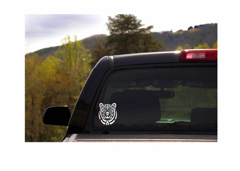 Tribal Bear Vinyl Decal | White | Made in USA by Foxtail Decals | for Car Windows, Tablets, Laptops, Water Bottles, etc. | 4.0 x 4.75 inch