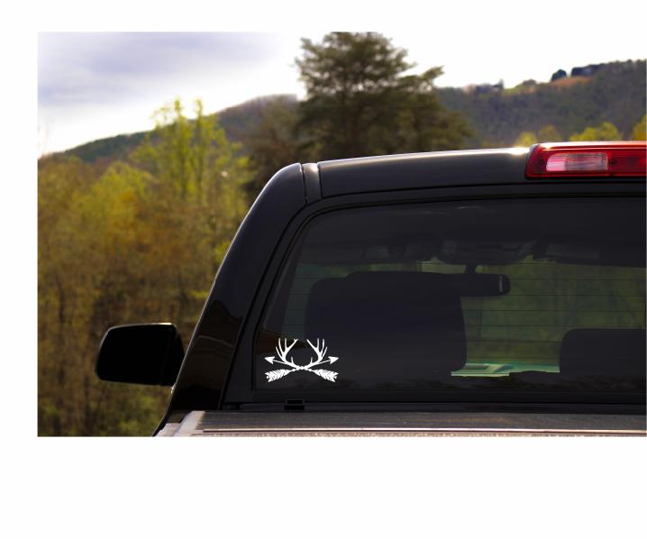 Trophy Antler Arrow Vinyl Decal | White | Made in USA by Foxtail Decals | for Car Windows, Tablets, Laptops, Water Bottles, etc. | 4.5 x 2.6 inch