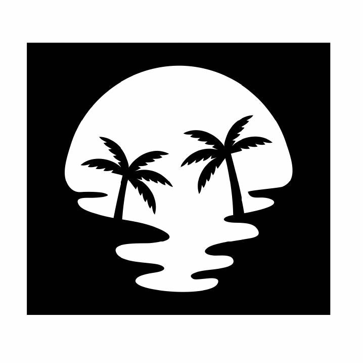 Tropical Sunset Vinyl Decal | White | Made in USA by Foxtail Decals | for Car Windows, Tablets, Laptops, Water Bottles, etc. |4.5 x 4.5 inch